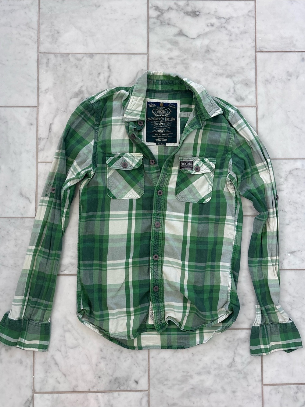 Superdry Green and White Plaid Button-Down Shirt